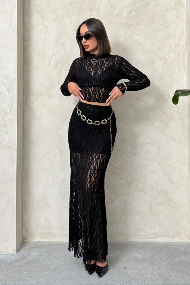 Topshow Čipkasto Krilo Črno Oblačila na debelo Eleganten