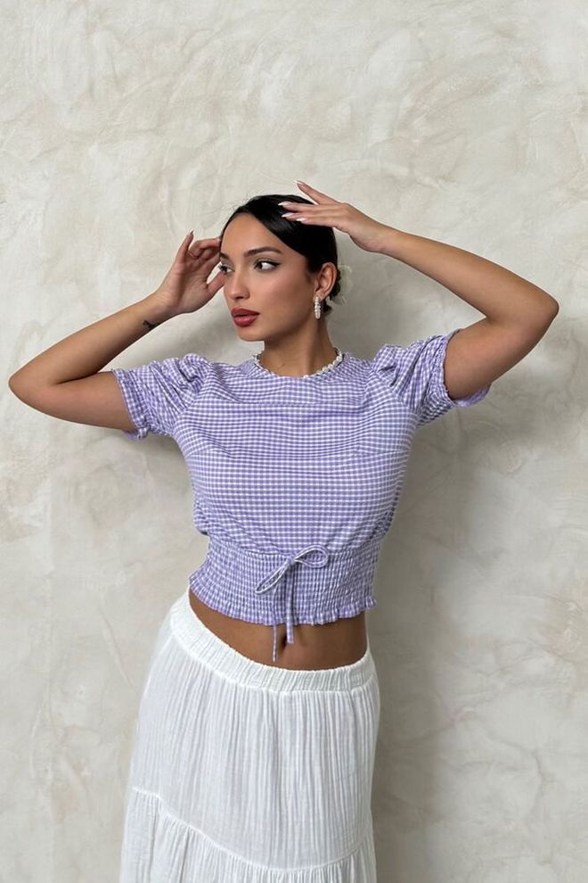 Topshow Gipeli Pitikareli Großhandelsbluse Mit Lila Taille Großhandelskleidung Lässig
