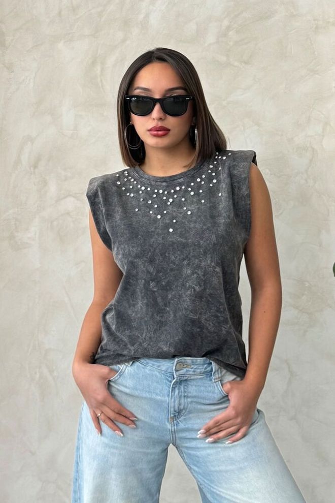 Topshow Blouse Délavée À Détails En Pierre Noir Vêtements en gros Décontracté