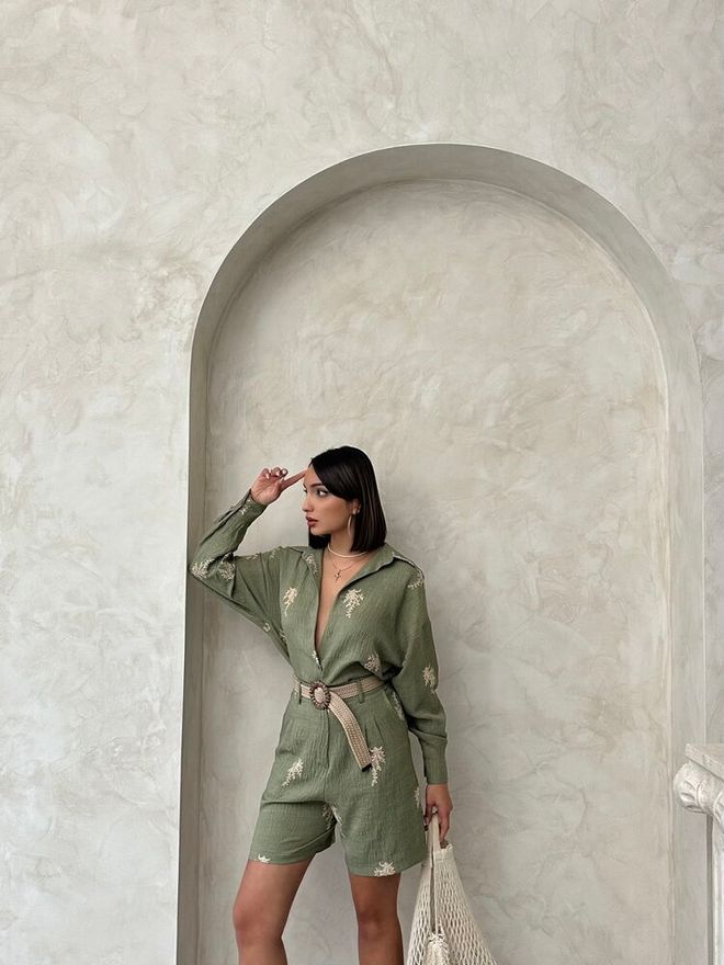 Topshow Бродирани Ленени Шорти Светло Каки | Дрехи на едро Памук