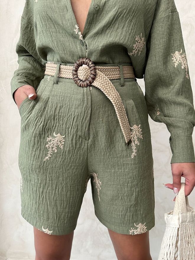 Topshow Бродирани Ленени Шорти Светло Каки | Дрехи на едро Лято
