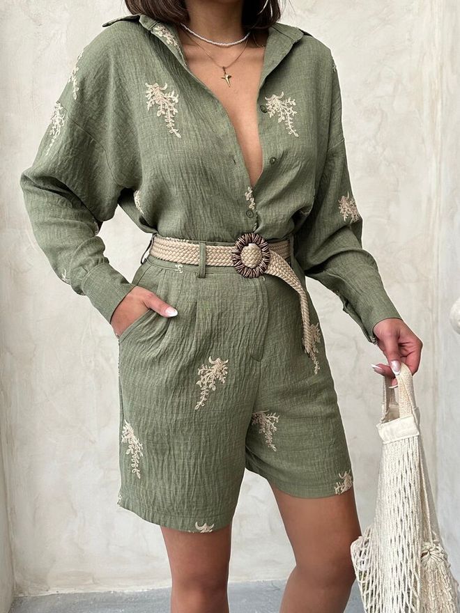 Topshow Бродирани Ленени Шорти Светло Каки | Дрехи на едро Плаж