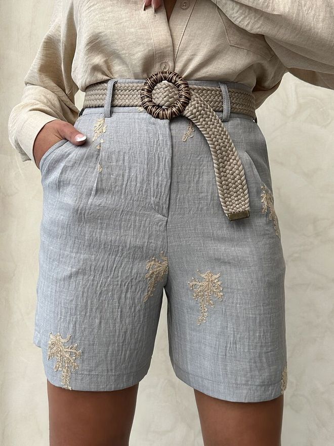 Topshow Embroidered Linen Shorts Grey | Wholesale Clothing Summer