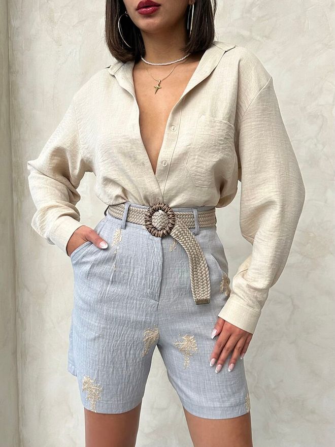 Topshow Embroidered Linen Shorts Grey | Wholesale Clothing Birthday