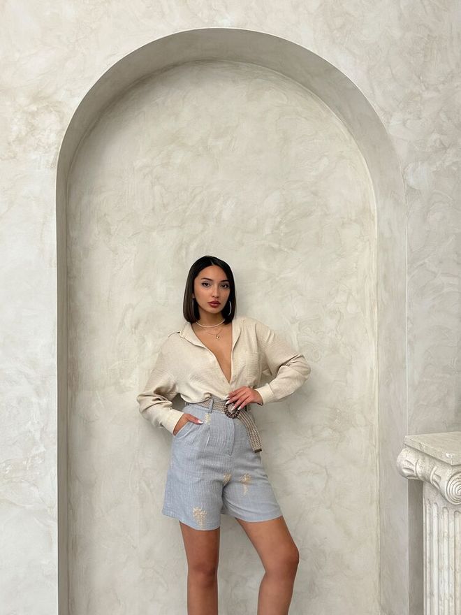 Topshow Embroidered Linen Shorts Grey | Wholesale Clothing Cotton