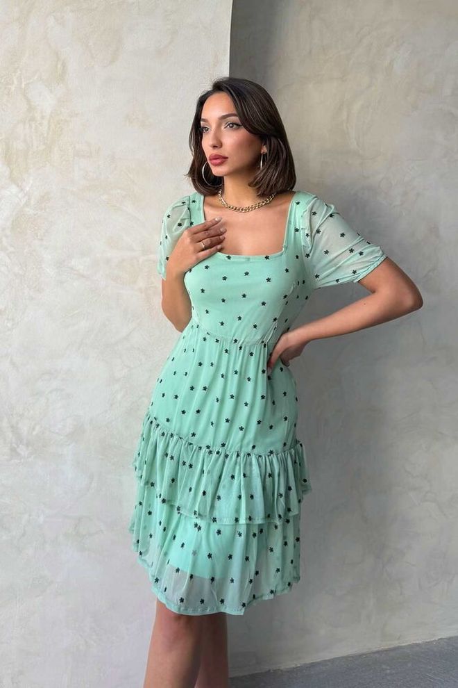 Topshow Colar De Caiaque Çağla Saia Floral Por Atacado Babados Manga Curta Vestido Por Atacado Roupas por atacado Casual