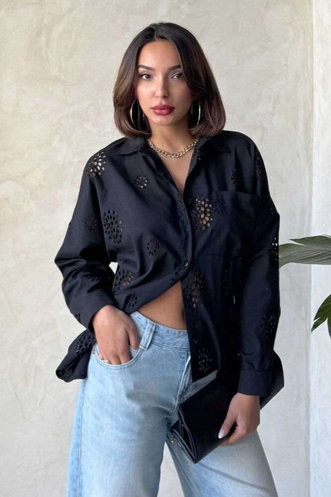 Topshow Besticktes Großhandelshemd Schwarz | Großhandelskleidung Lässig