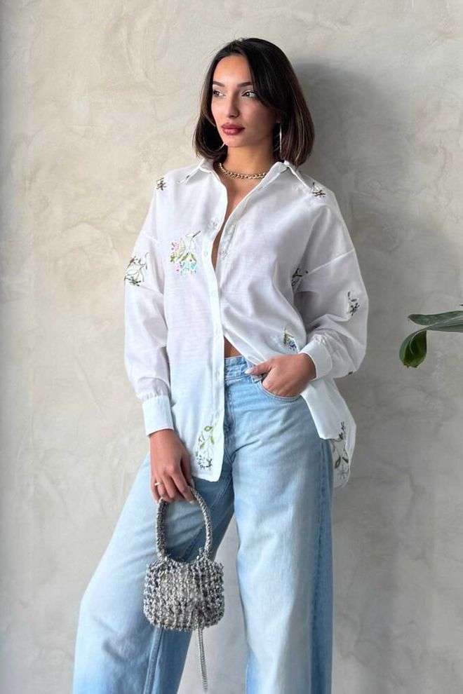 Topshow Camisa Bordada Creme Roupas por atacado Casual