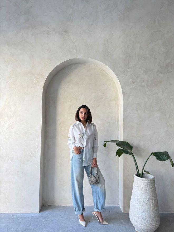 Topshow Embroidered Shirt Cream Wholesale Clothing Birthday