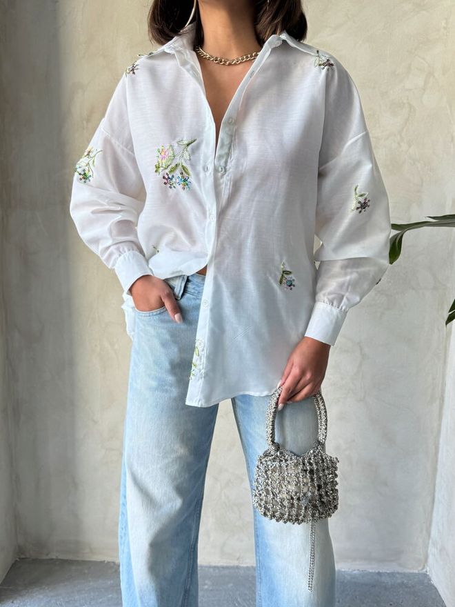Topshow Embroidered Shirt Cream Wholesale Clothing Spring