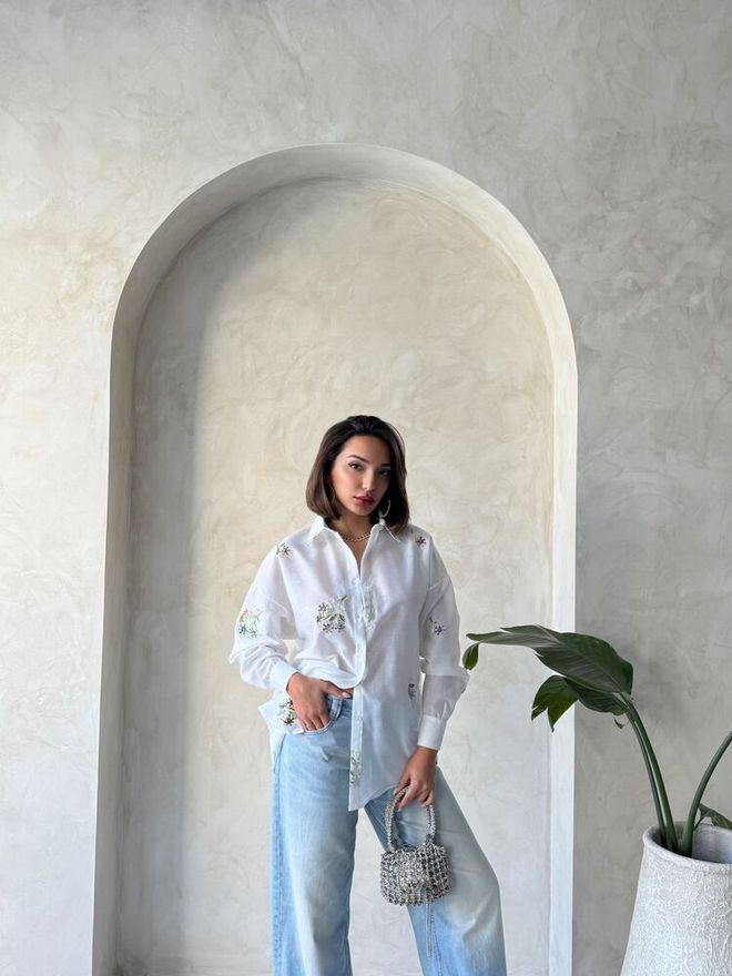 Topshow Embroidered Shirt Cream Wholesale Clothing Cotton