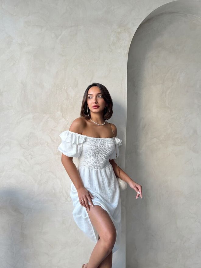 Topshow D2334 Gipeli Boat Neck Linen Dress Cream Wholesale Clothing Birthday