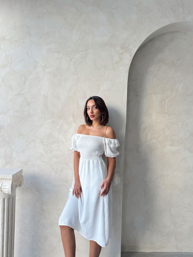 Topshow D2334 Gipeli Boat Neck Linen Dress Cream Wholesale Clothing No Fabric