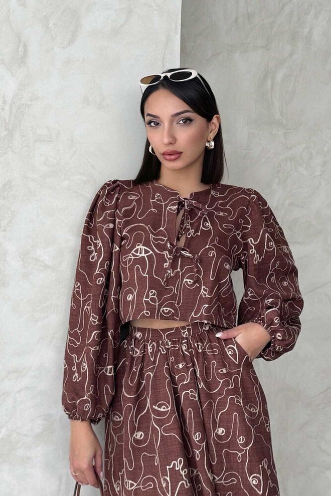 Topshow Blusa Bordada Con Lazo En La Parte Delantera Marrón Ropa al por mayor Casual