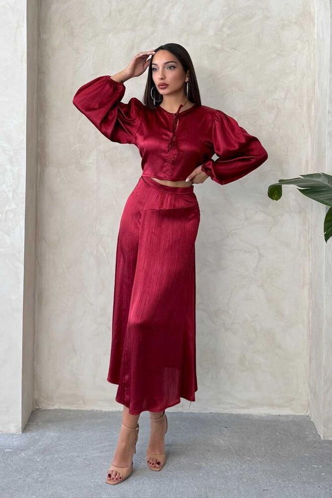 Topshow Gonna In Raso Con Pizzo Bordeaux Abbigliamento all'ingrosso Elegante
