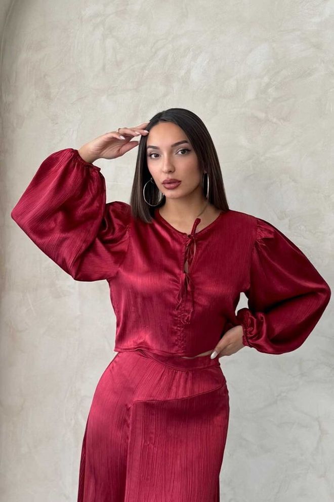 Topshow Kraşlı Saten Önden Bağlamalı Bluz Bordo Toptan Giyim Zarif