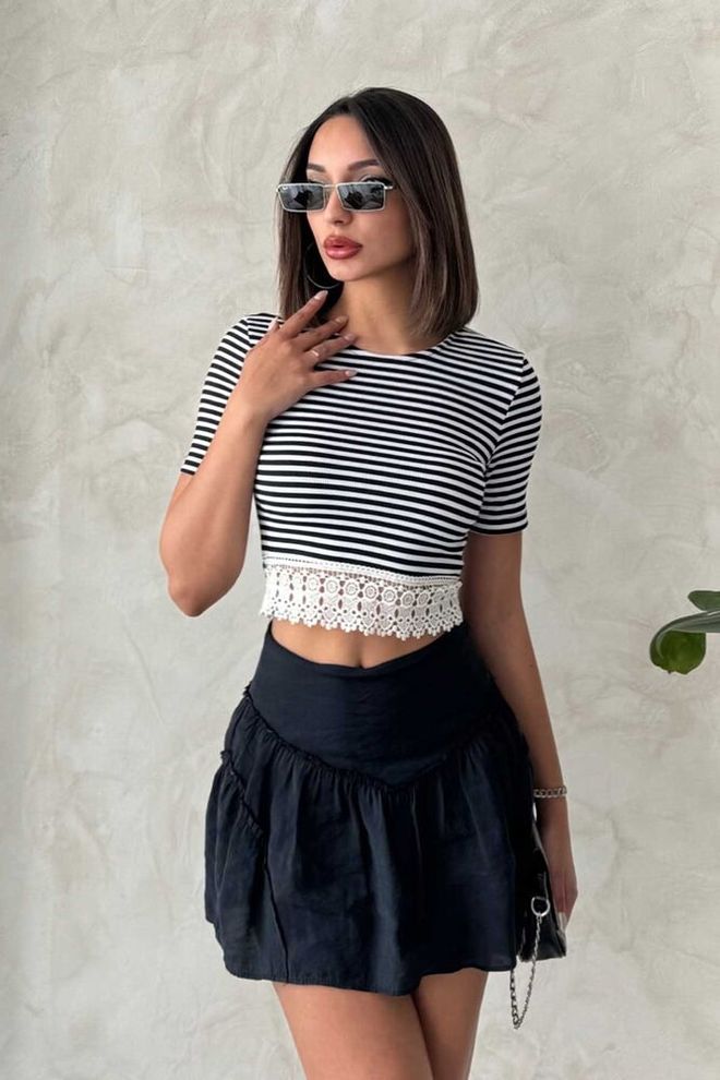 Topshow Blusa De Encaje A Rayas Con Falda Multicolor Ropa al por mayor Casual