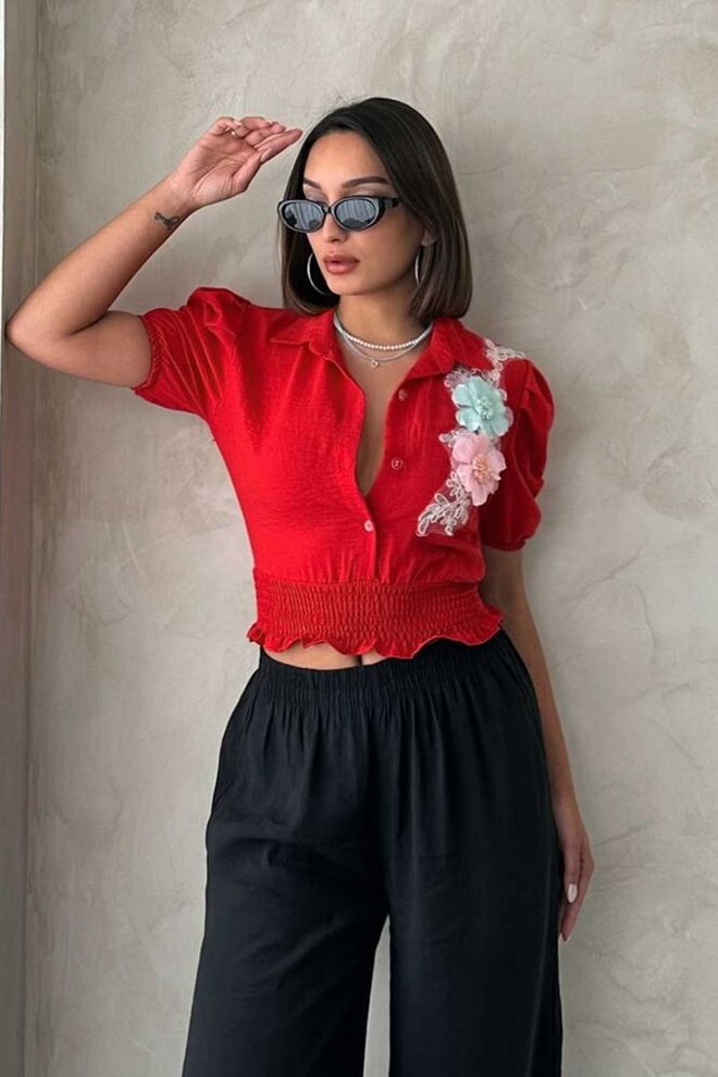 Topshow Chemise En Gros En Lin À Motif Floral À Poitrine Rouge Vêtements en gros Décontracté