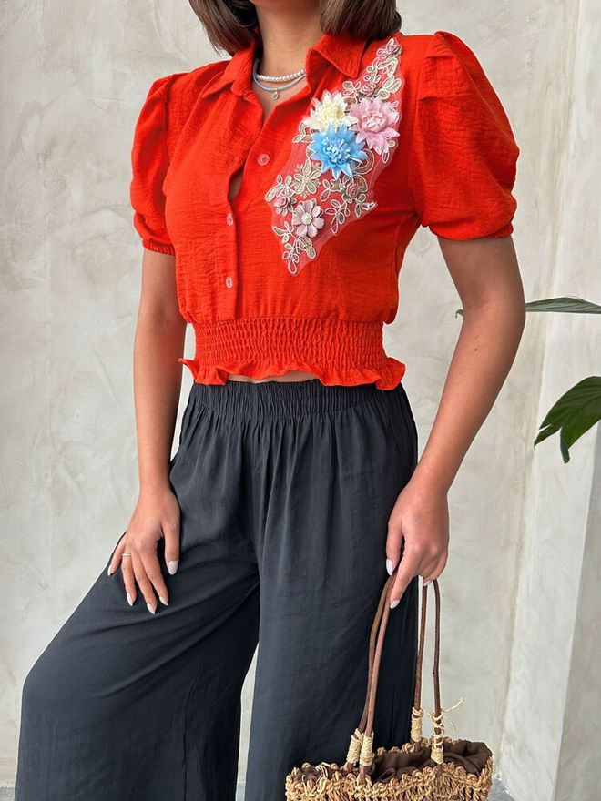 Topshow Chemise En Lin Fleurie Orange Vêtements en gros Décontracté