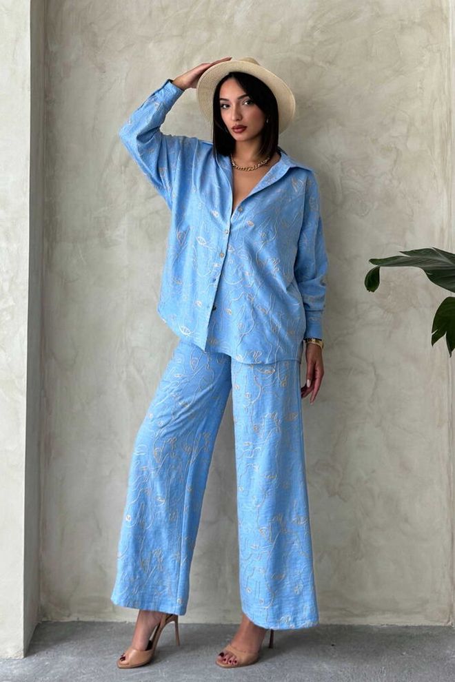 Topshow Embroidered Pants Light Blue Wholesale Clothing Casual