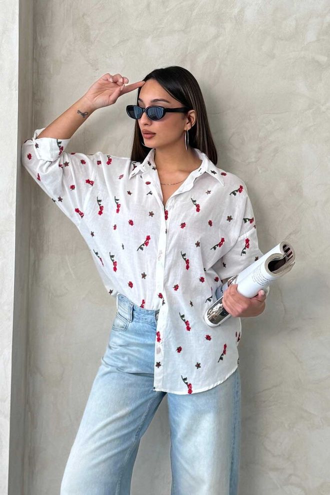 Topshow Рубашка Из Вуали С Вышивкой Красная Оптовая продажа одежды Повседневный