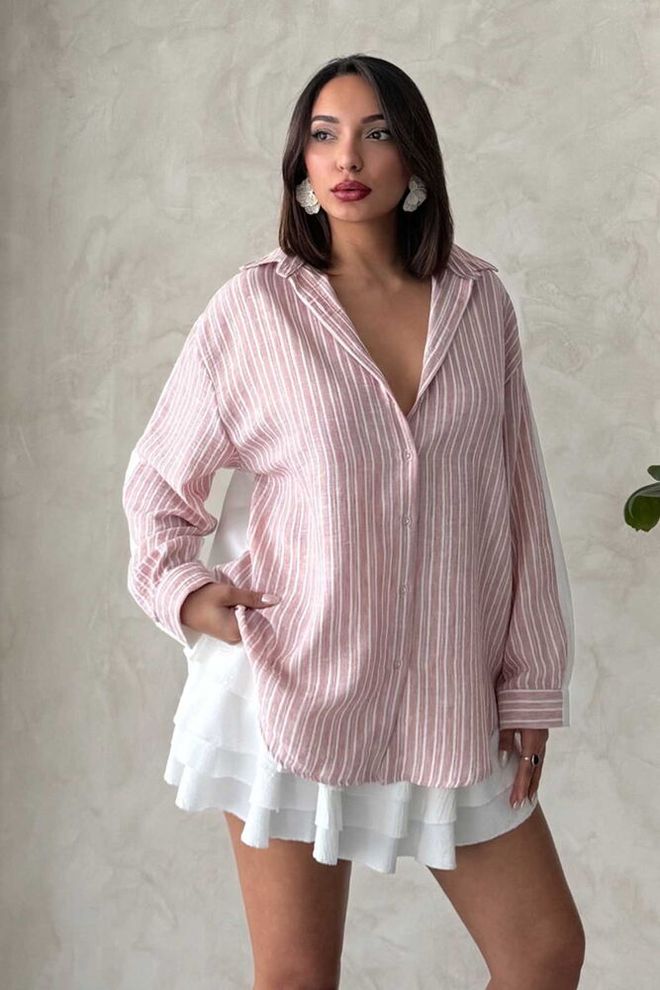 Topshow Striped Linen Shirt Pink Wholesale Clothing Casual