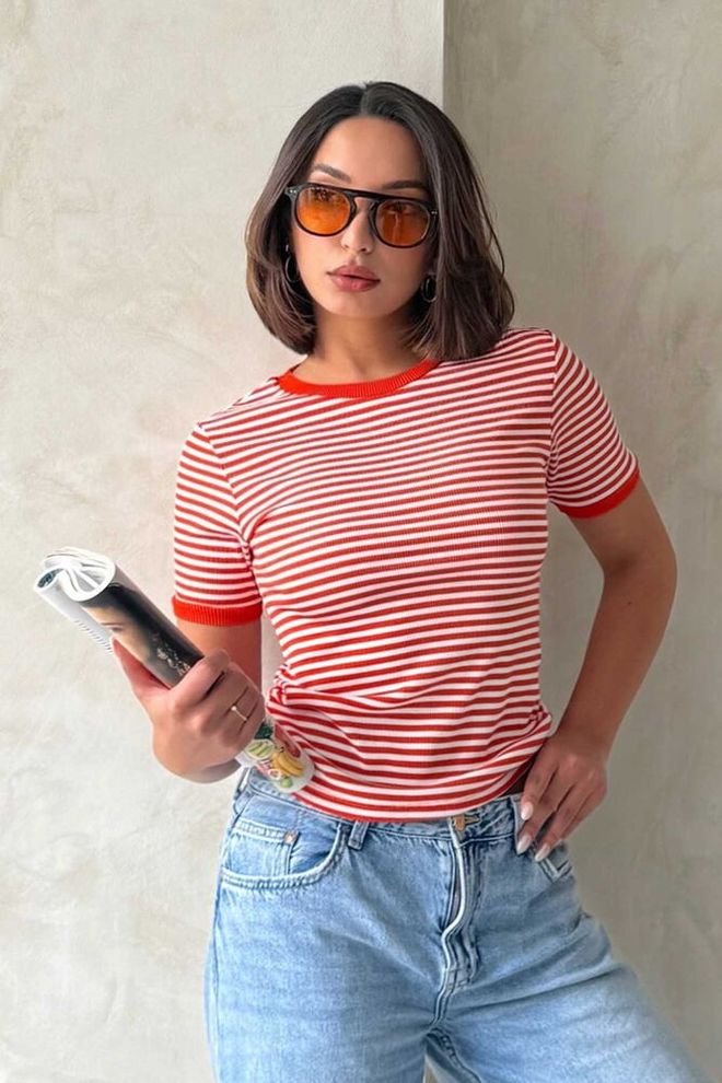 Topshow T shirt All'ingrosso A Righe Arancioni Abbigliamento all'ingrosso Casuale
