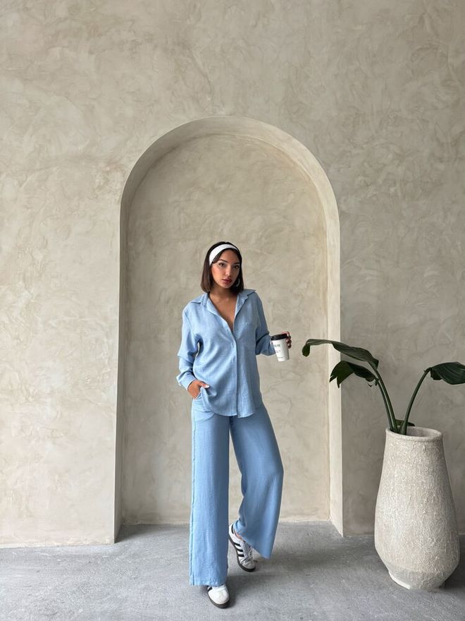 Topshow Blue Linen Trousers Wholesale Clothing No Fabric