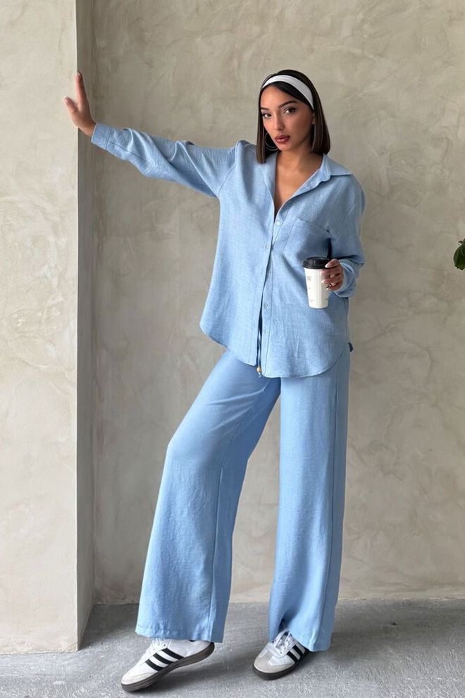 Topshow Blue Linen Trousers Wholesale Clothing Casual