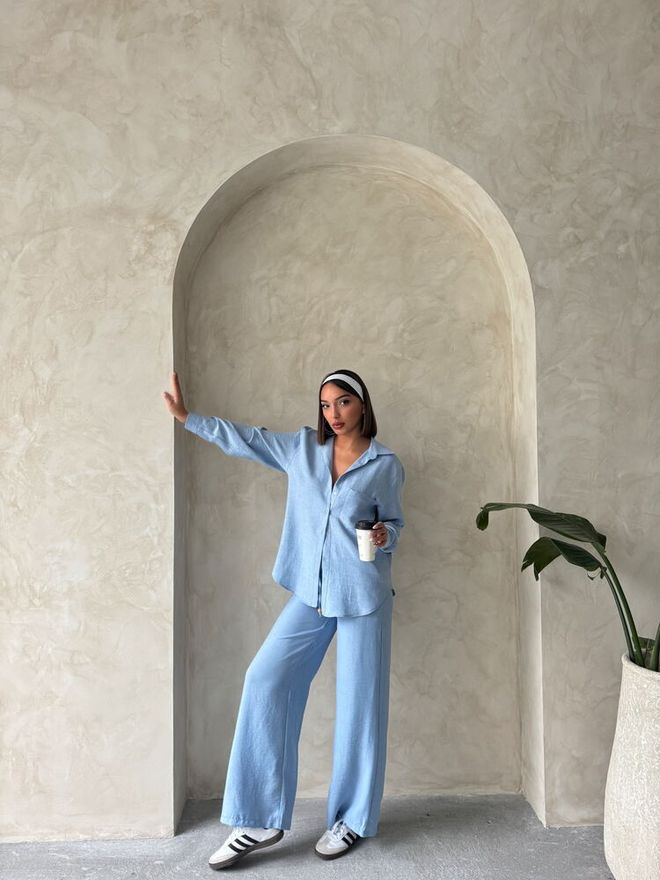 Topshow Blue Linen Trousers Wholesale Clothing Birthday