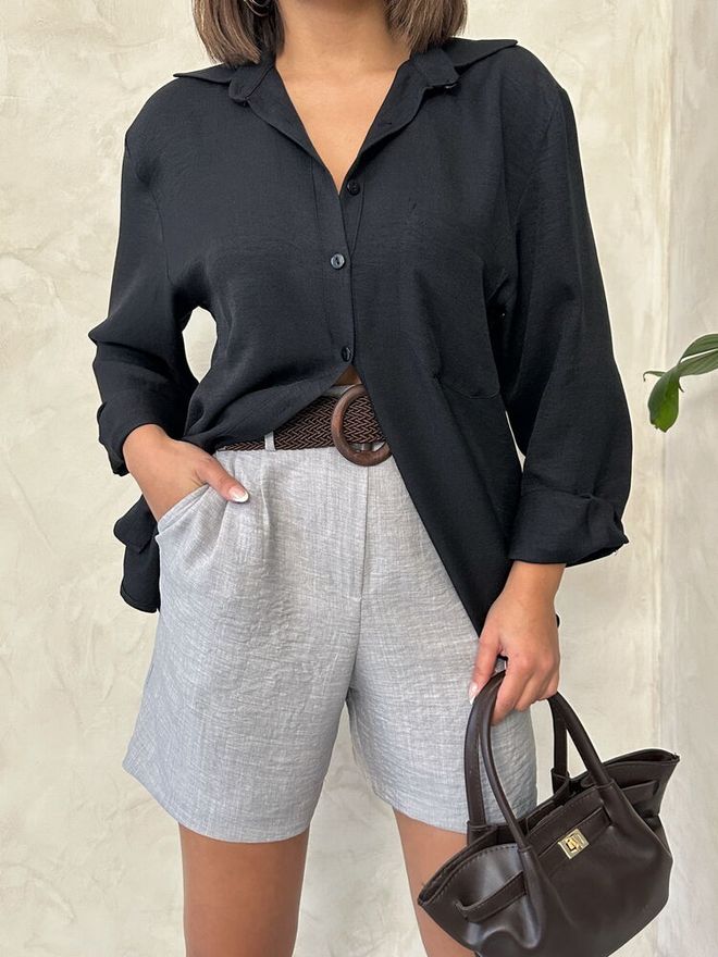 Topshow Gray D 2686 Belted Shorts Wholesale Clothing Cotton