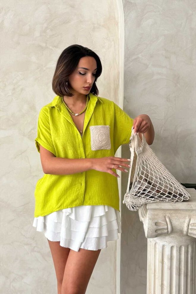 Topshow Cămașă Cu Ridicata Din Lenjerie De Buzunar Cu Aplicație De Buzunar Din In Verde Pistachio Îmbrăcăminte cu ridicata Elegant