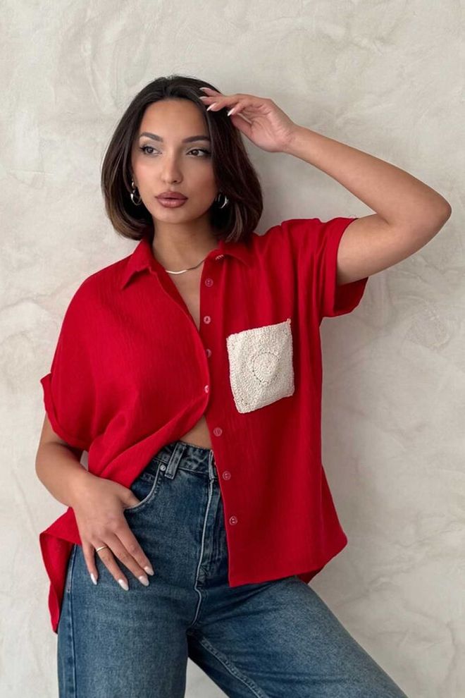 Topshow Cămașă En gros Din Lenjerie De Buzunar Cu Aplicație De Buzunar Din In Roșu Îmbrăcăminte cu ridicata Elegant