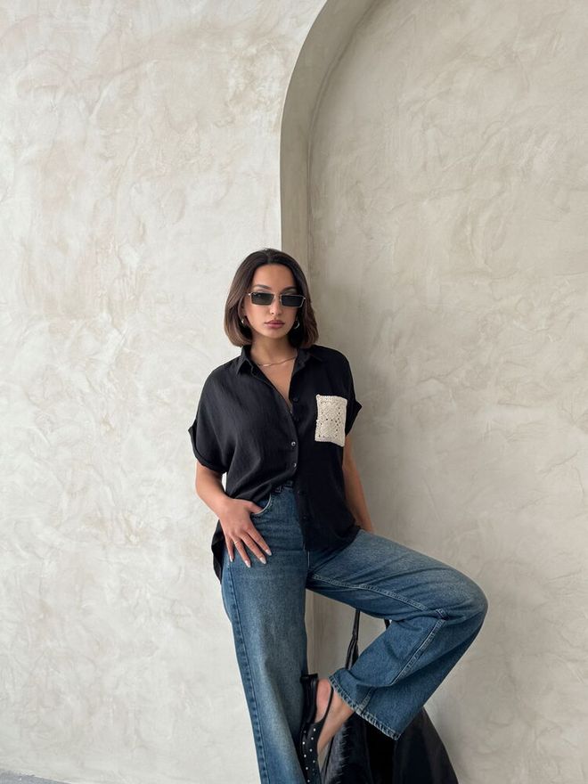 Topshow Veleprodajna Srajca Iz Črne Platnene Žepne Žepne Aplikacije Oblačila na debelo Perilo