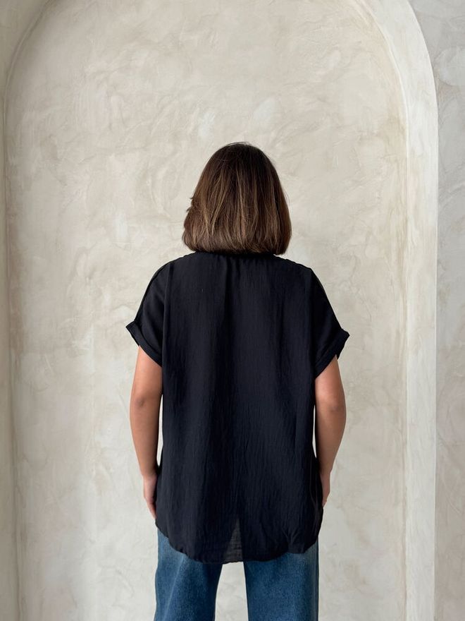 Topshow Veleprodajna Srajca Iz Črne Platnene Žepne Žepne Aplikacije Oblačila na debelo Formalno