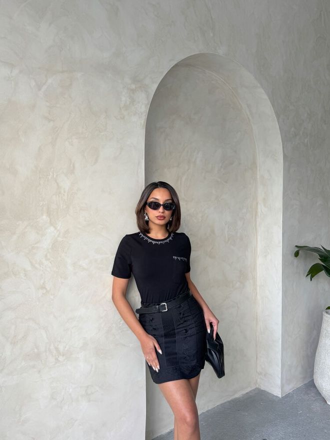 Topshow Black Stone Detailed Wholesale T Shirt Wholesale Clothing Birthday