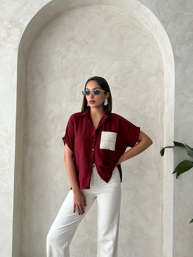 Topshow D2360 Lanena Majica Z Žepi Za Aplikacijo Bordo Oblačila na debelo Rojstni dan