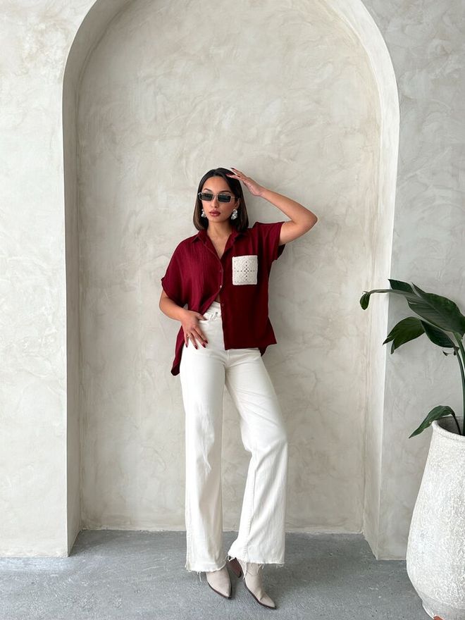 Topshow D2360 Lanena Majica Z Žepi Za Aplikacijo Bordo Oblačila na debelo Perilo