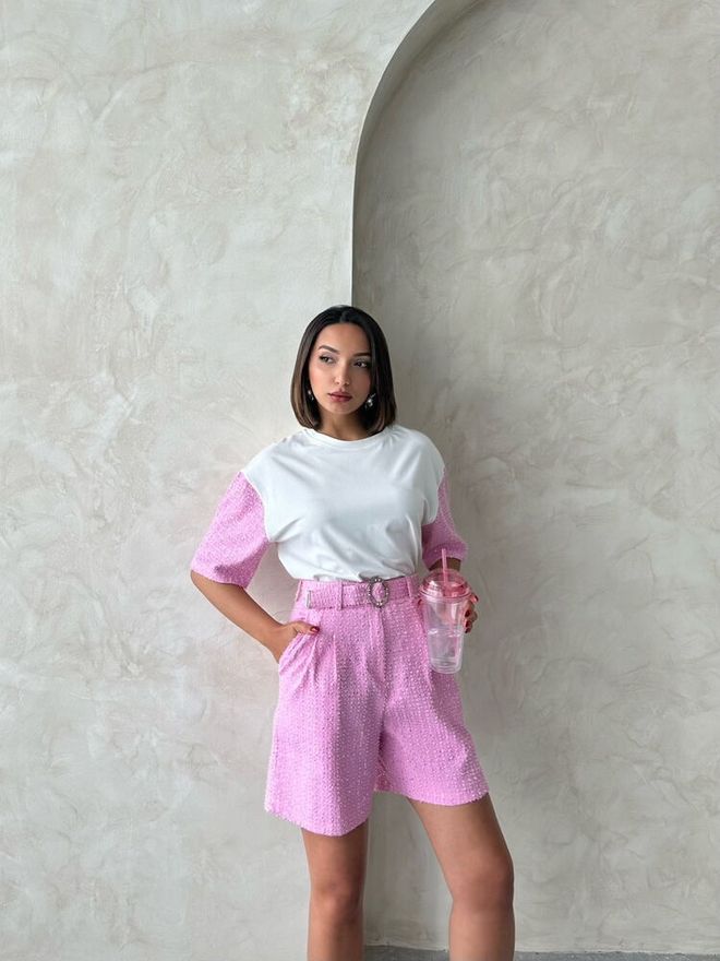 Topshow Sequin Denim Shorts Pink Wholesale Clothing Cotton