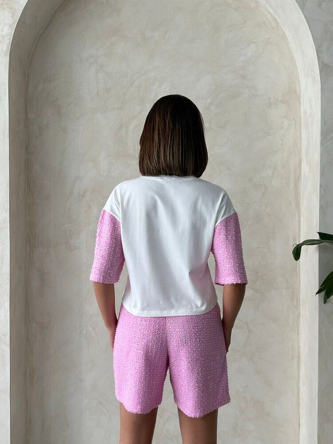 Topshow Sequin Denim Shorts Pink Wholesale Clothing Formal