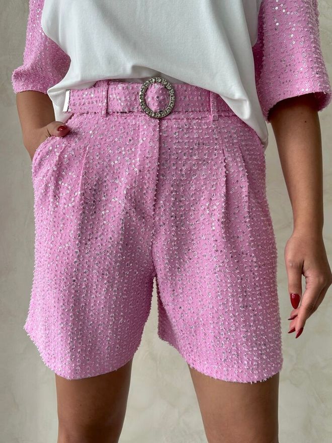 Topshow Sequin Denim Shorts Pink Wholesale Clothing Summer
