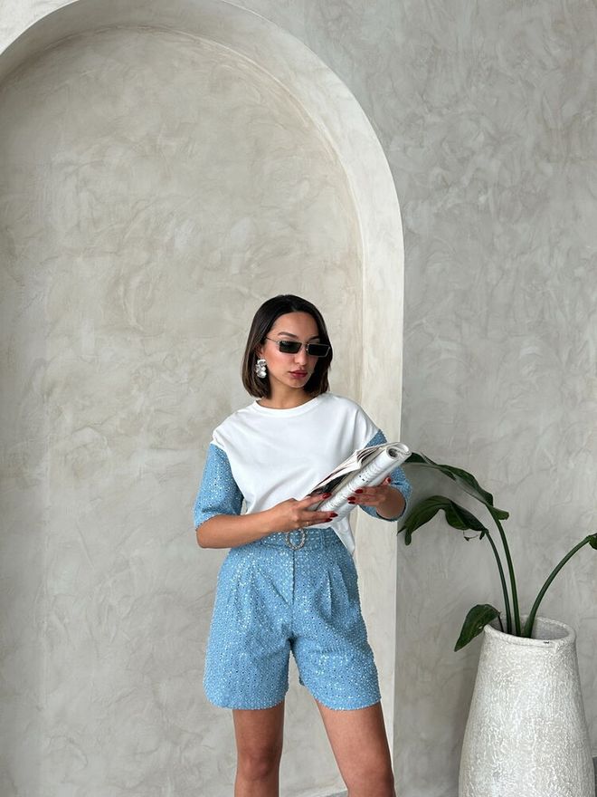 Topshow Sequin Denim Shorts Blue Wholesale Clothing Cotton