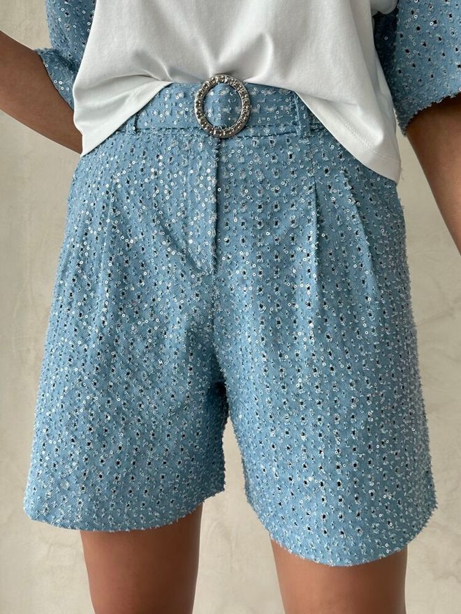 Topshow Sequin Denim Shorts Blue Wholesale Clothing Summer