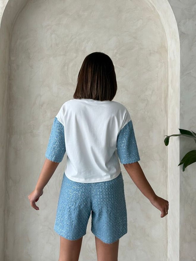 Topshow Sequin Denim Shorts Blue Wholesale Clothing Formal