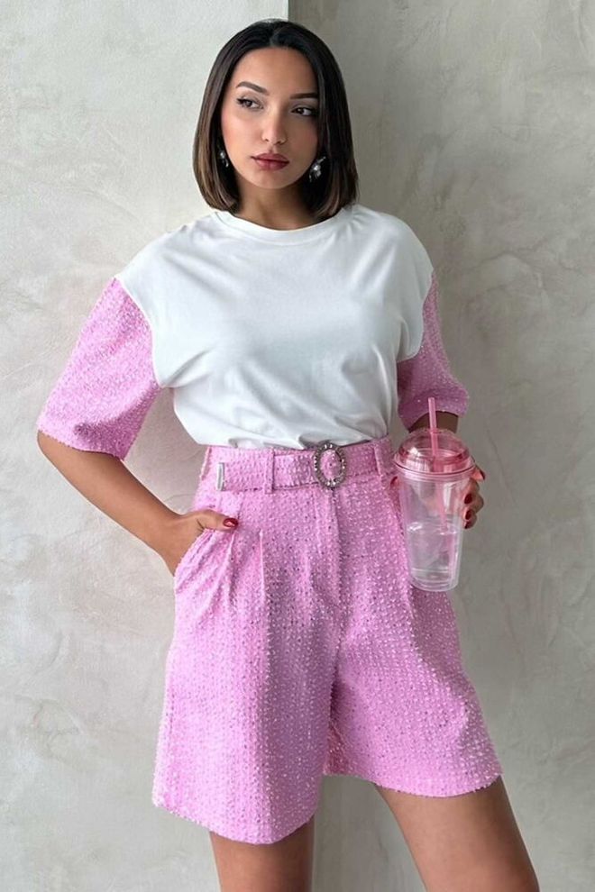 Topshow Camiseta Con Detalle De Mangas Rosa Ropa al por mayor Casual