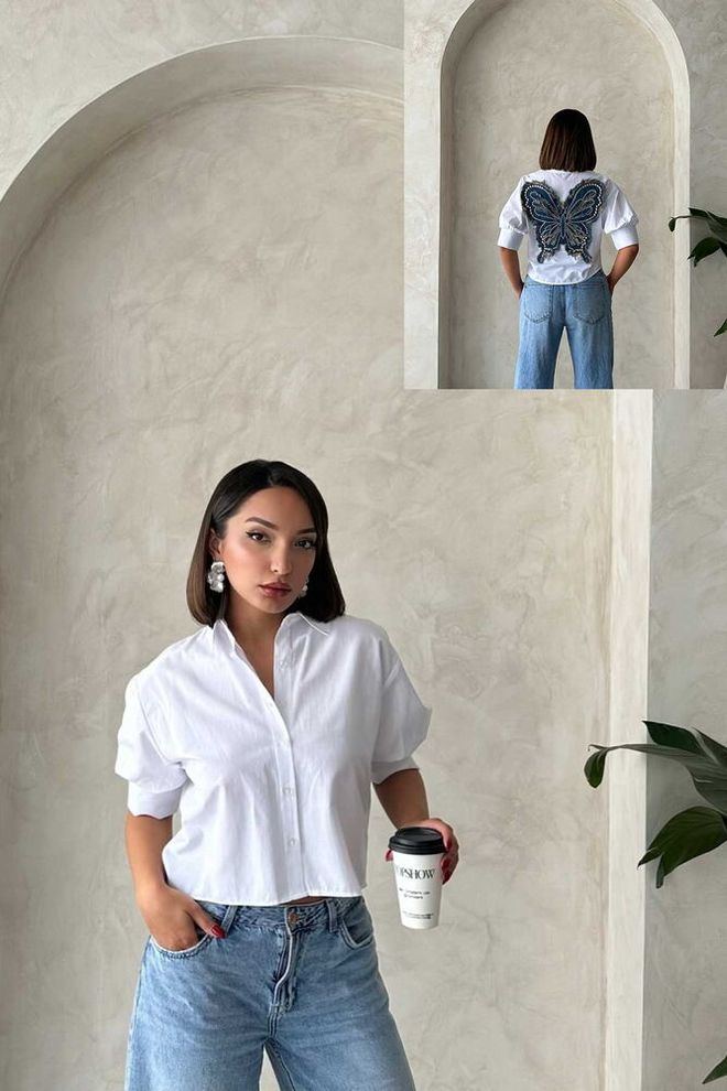 Topshow Arkası Kelebek Detaylı Gömlek Beyaz Toptan Giyim Gündelik
