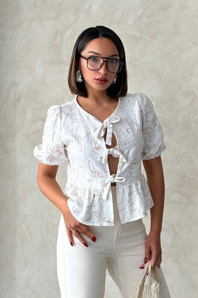 Topshow Front Tie Embroidered Blouse Cream Wholesale Clothing Casual
