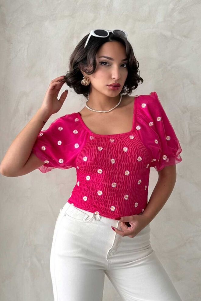 Topshow Χονδρική Μπλούζα Σιφόν Με Μοτίβο Fuchsia Gipe Χονδρικό εμπόριο ενδυμάτων Casual