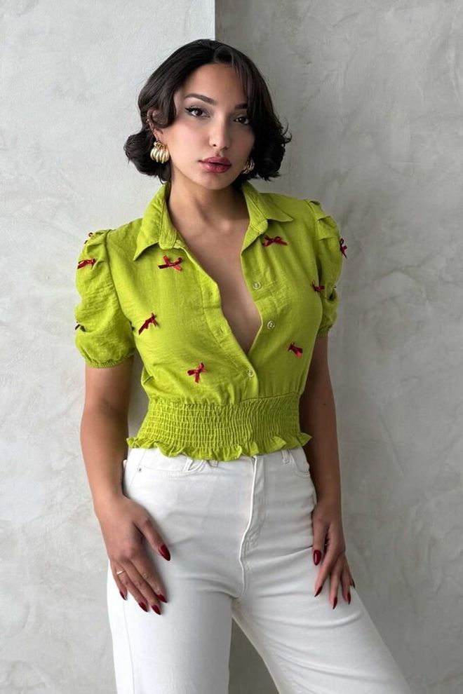 Topshow D 2409 1 Chemise En Lin À Nœud Vert Pistache Vêtements en gros Décontracté
