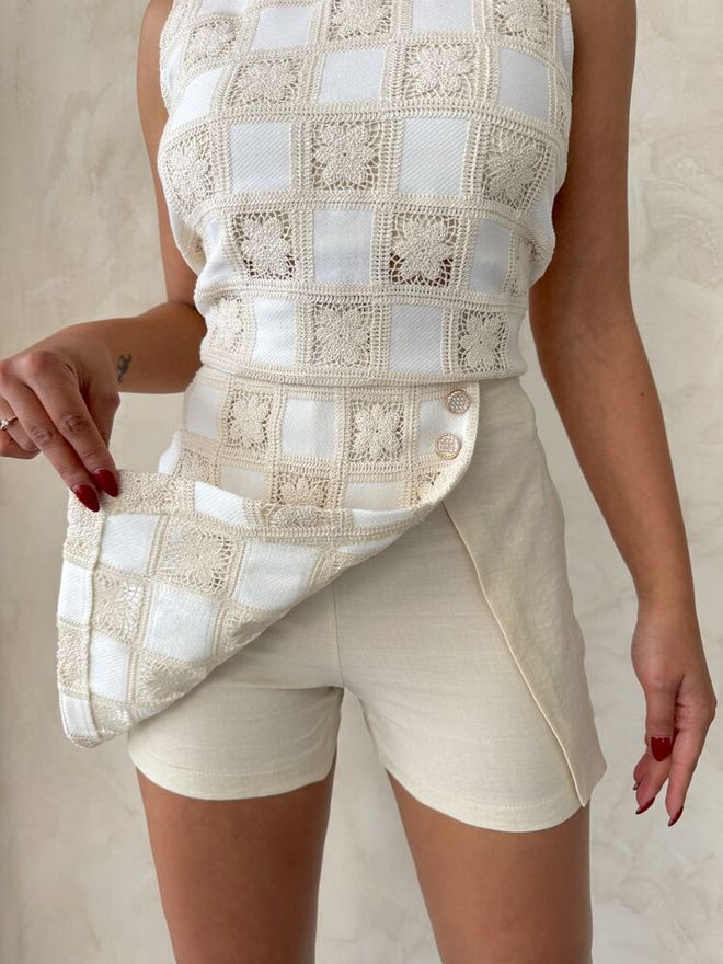 Topshow Lace Detailed Square Pattern Shorts Skirt Stone Cream Wholesale Clothing Cotton